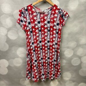 Riley & James patriotic red white and blue star dress. Vertical slimming stripes